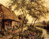 Louis Aston Knight Canvas Paintings - Cottages Beside A River